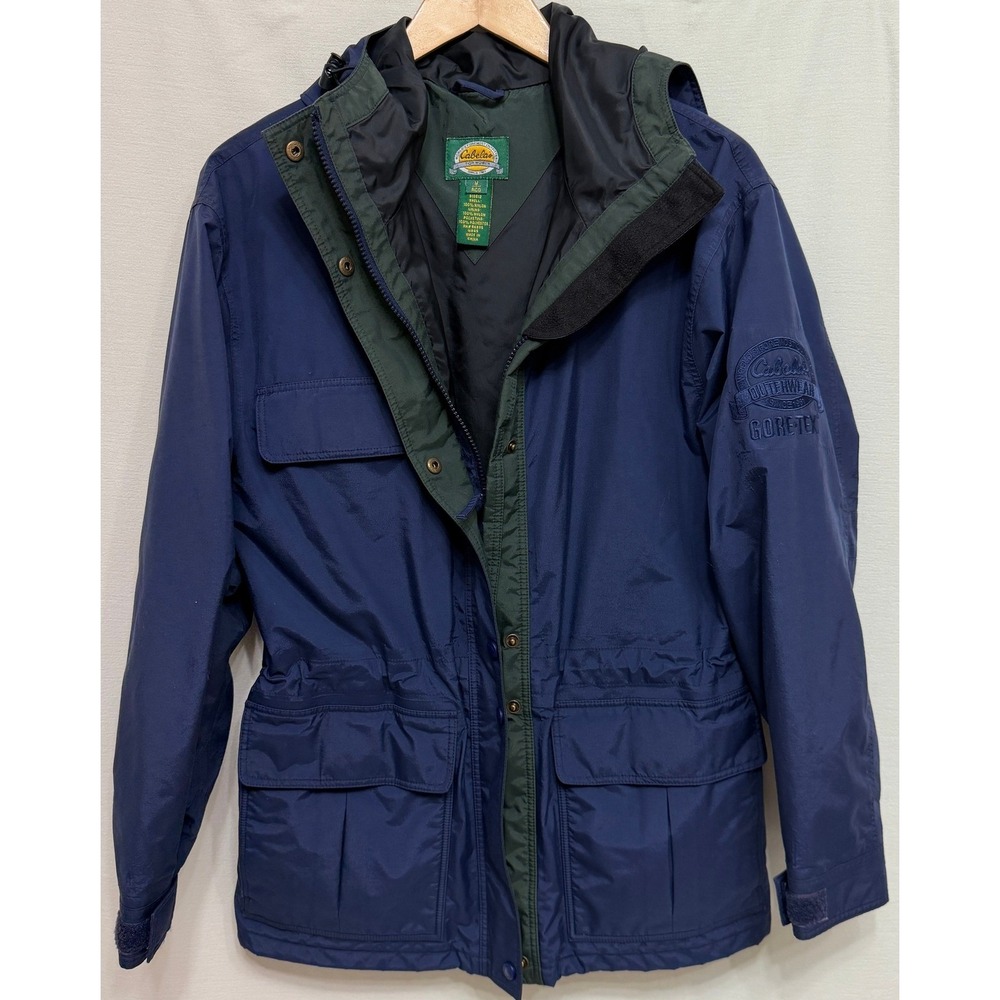 Cabelas Womens Jacket Gore-Tex Navy Blue Green Trim Hooded Gorpcore Rain Coat M